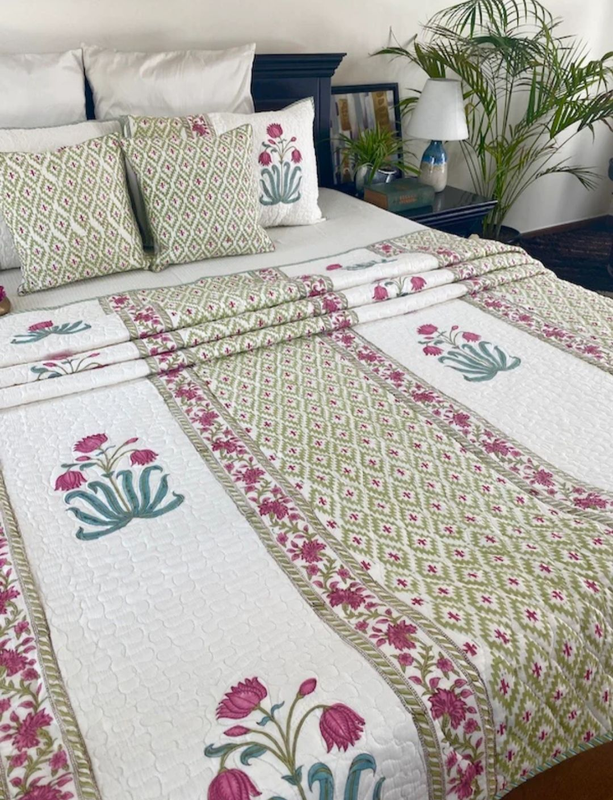 Blossom Handblocked Printed Quilted Bedcover With 2 Quilted Pillow Covers