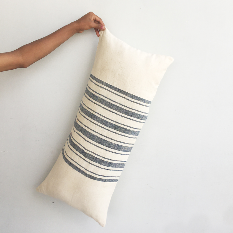 Rustic Blue Handspun Handwoven Cotton Lumbar Cushion Cover 14"X32"