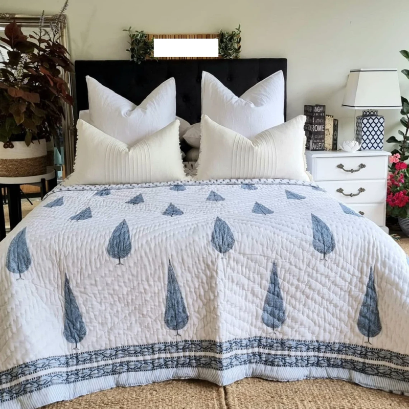INDIAN COTTON QUILT, Jaipuri Razai, Unique 2 Pillow Cover With Cypress Tree Block Print Quilt, Hand Made Indian Bedspread